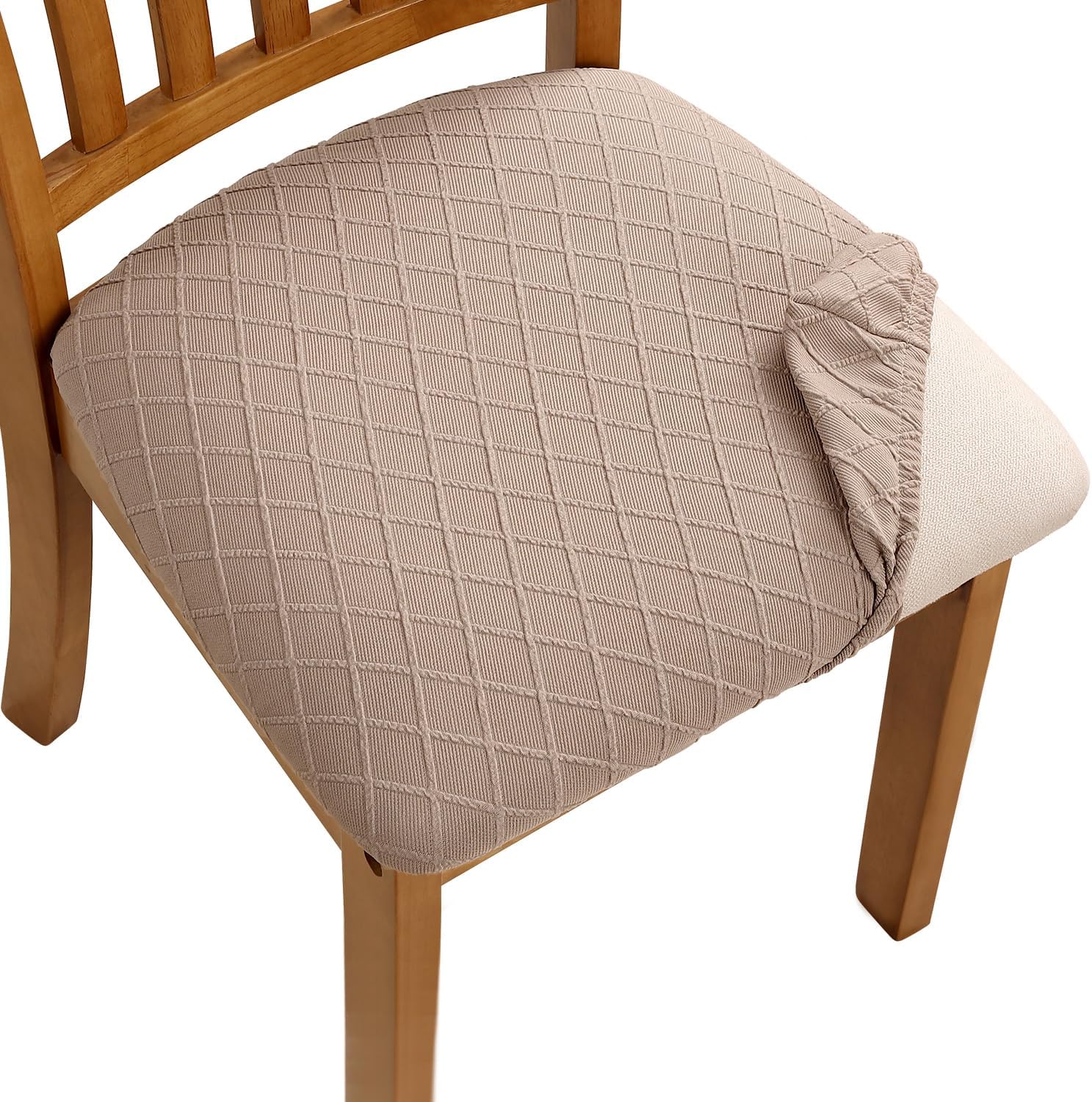 Rekbare jacquard stoelhoes 4-delige set, afneembaar Wasbare eetkamerstoelhoes Stofdicht (4 stuks, kaki) beige