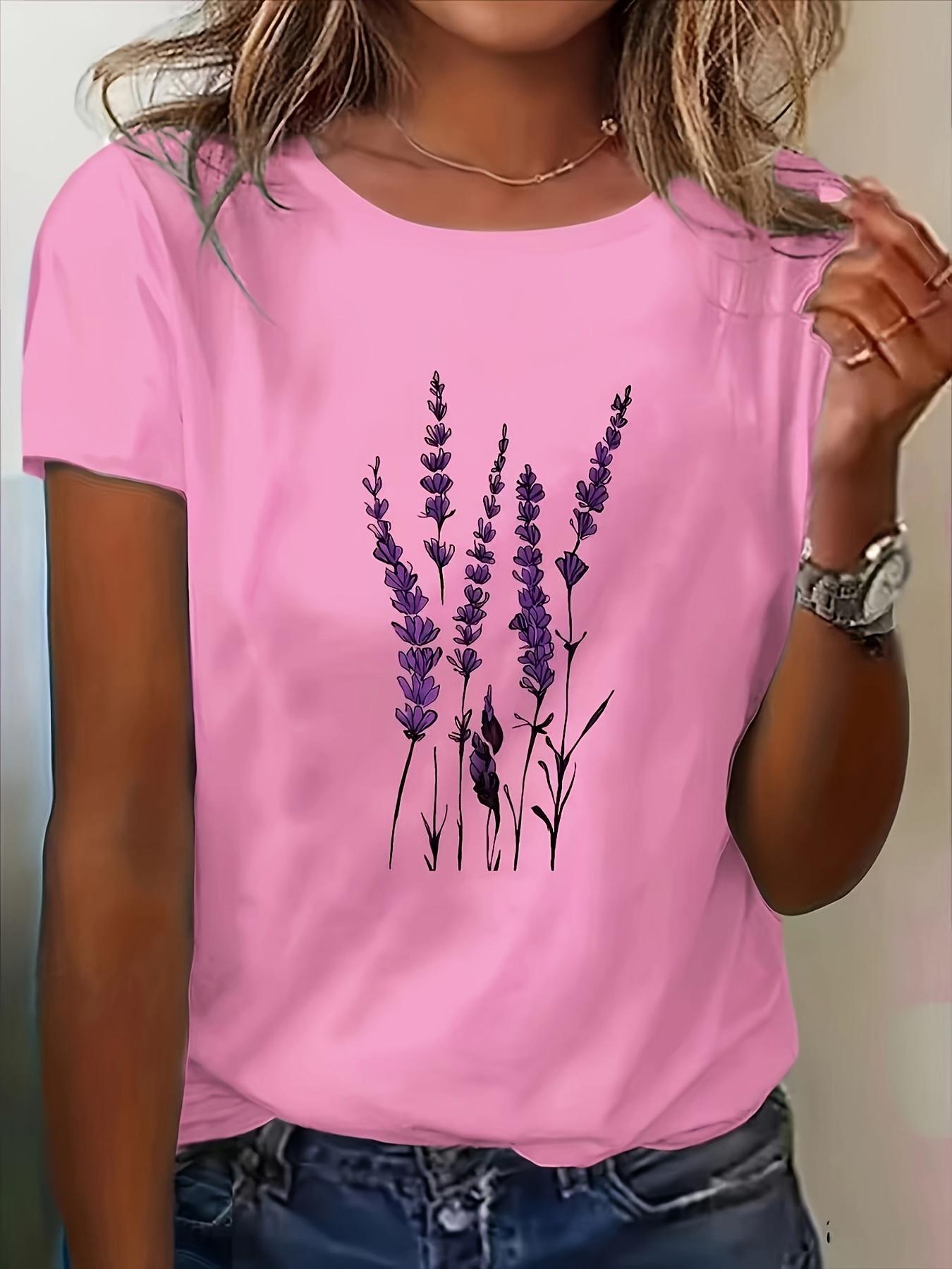 

Женская летняя повседневная футболка лавандового цвета с цветочным принтом - топ с круглым вырезом и короткими рукавами в корейском стиле, лавандовые блузки S