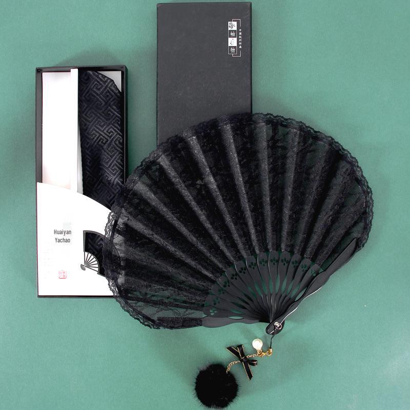 Classic Black Lace Cheongsam Folding Fan - Portable Chinese Style Summer Dance Fan for Ladies