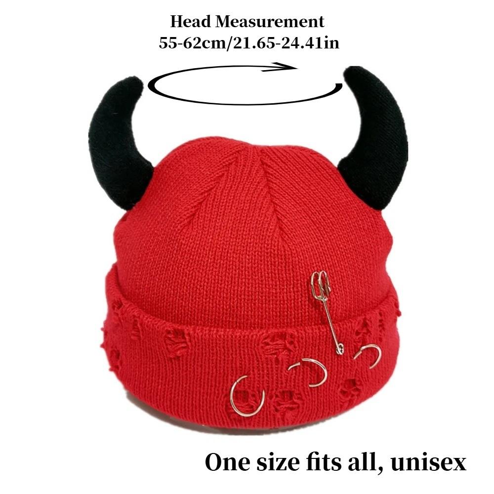 Personality With Devil Horns Winter Knitted Beanie Warm Pin Decoration Distressed Skull Cap Solid Color Funny Dome Hat Unisex