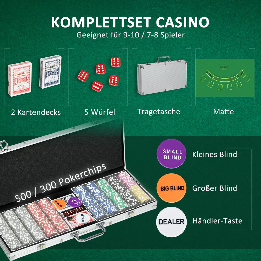 500-Piece Poker Chips Set, Poker Set with Mat, Chips, Two Card Decks, Dealer, Five Dices