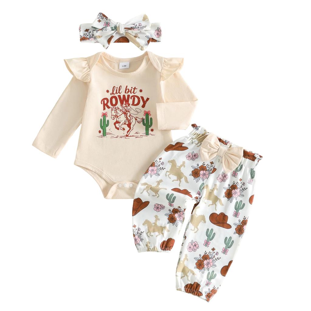 Citgeett Autumn Infant Baby Girls Fall Outfit Western Long Sleeve Romper Pants Headband Clothes