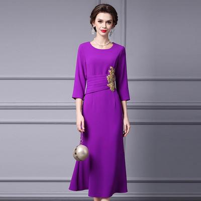 Abito Lungo Elegante Zhili Viola con Diamanti per Donne Mature