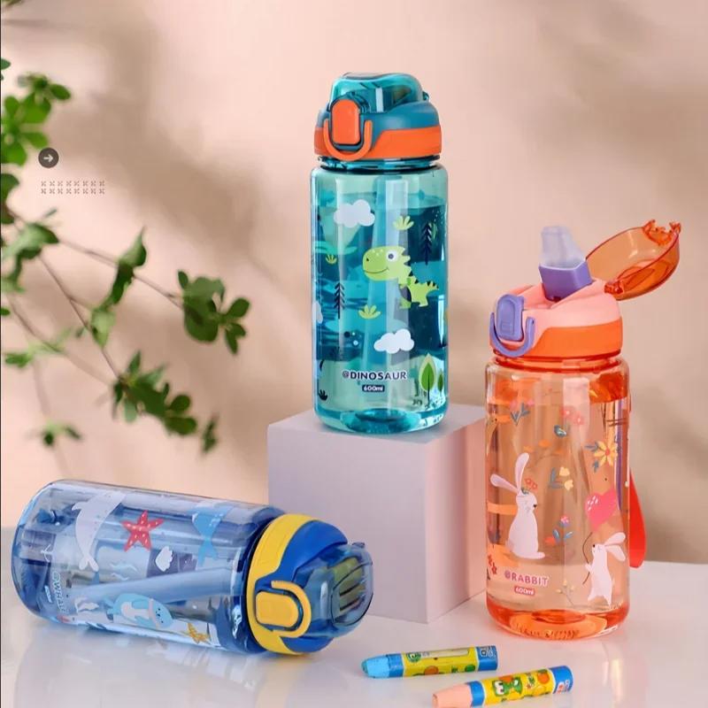 600ML Kids Water Bottle with Straw, Leak-Proof Reusable BPA Free Tritan Water Bottle with Handle for Boys, Girls, Nursery School