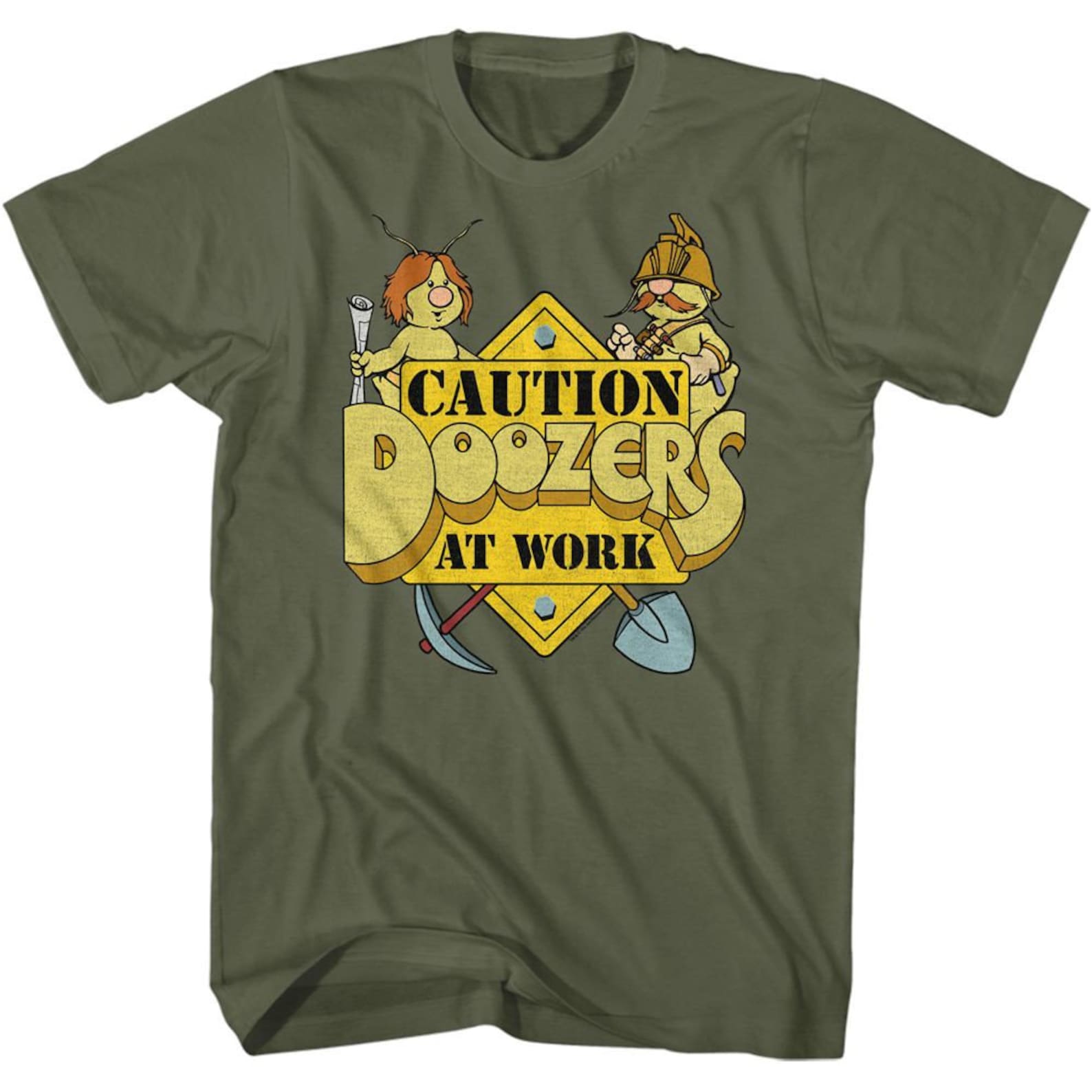 Fraggle Rock Caution Doozers Military Green Adult T-Shirt S