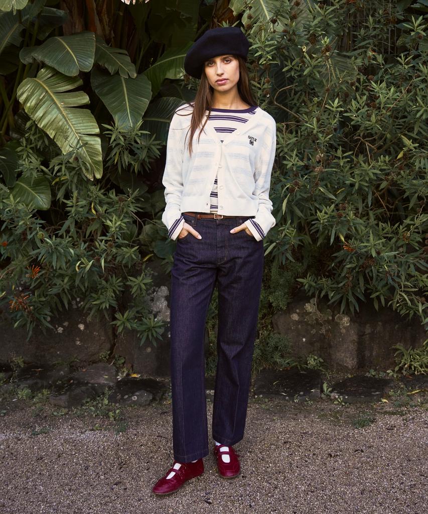 Seteo Font Embroidered Stripe Long Sleeve Navy