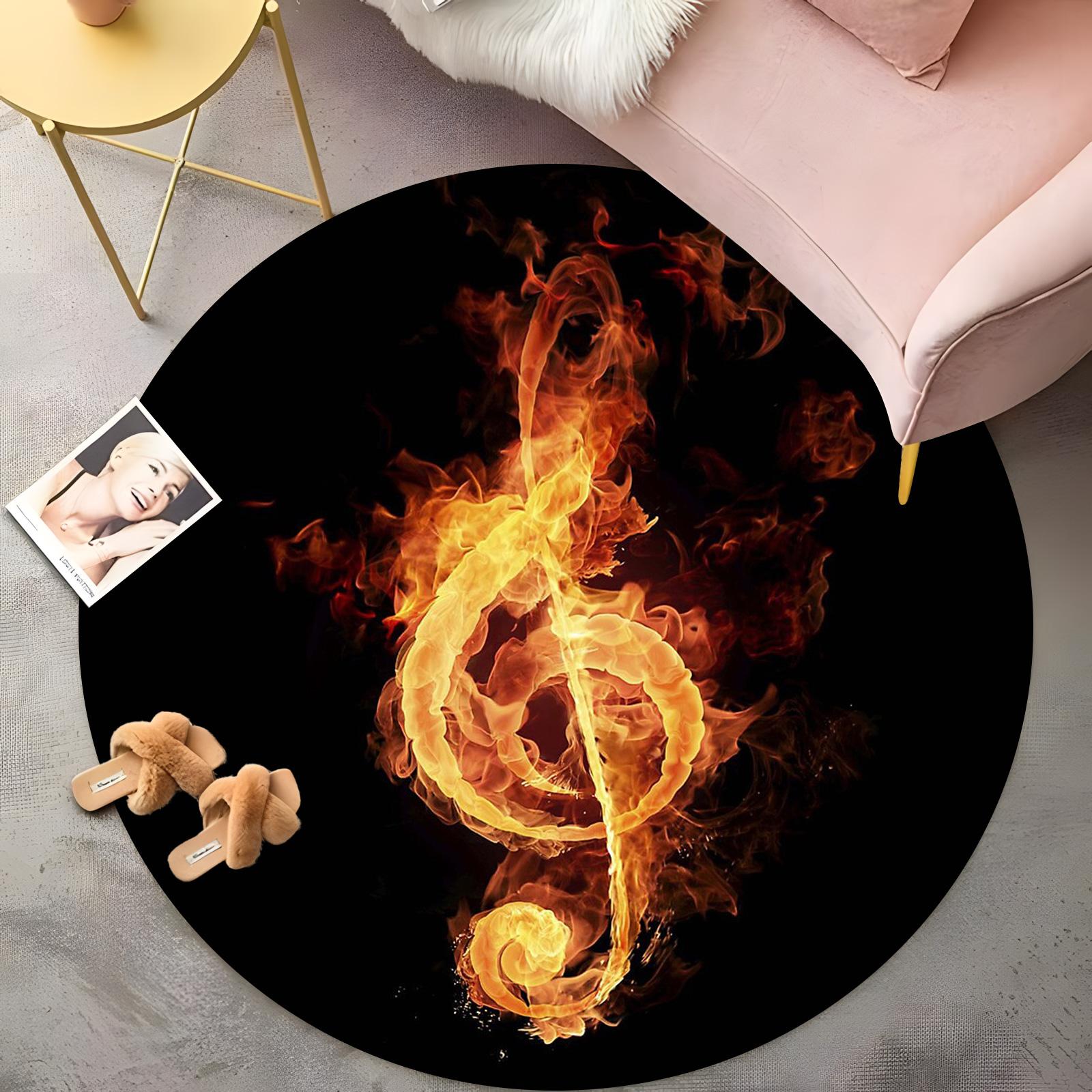 

Blazing Treble Clef Round Rug - Black Carpet with Fiery Orange Music Symbol, Modern Living Room Decor, Non-Slip Floor Mat 60cm