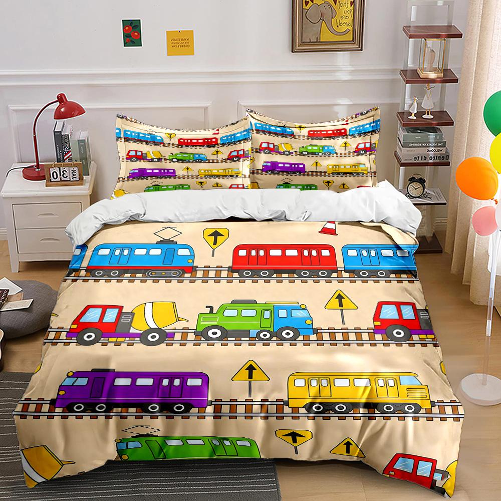 Colorful Trains and Traffic Signs Background Print Bedding Set 1 Duvet Cover 2 Pillowcases for Adult and Children Luxury Gift 135x200cm