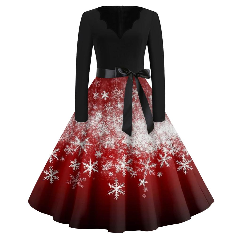 Dámské módní šaty s výstřihem do V, volného střihu, s vánočním potiskem a dlouhým rukávem