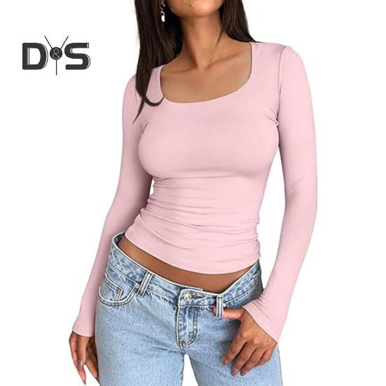 

Женские топы с круглым вырезом, длинным рукавом, облегающие, однотонные, эластичные, стандартного кроя, универсальные блузки M розовый