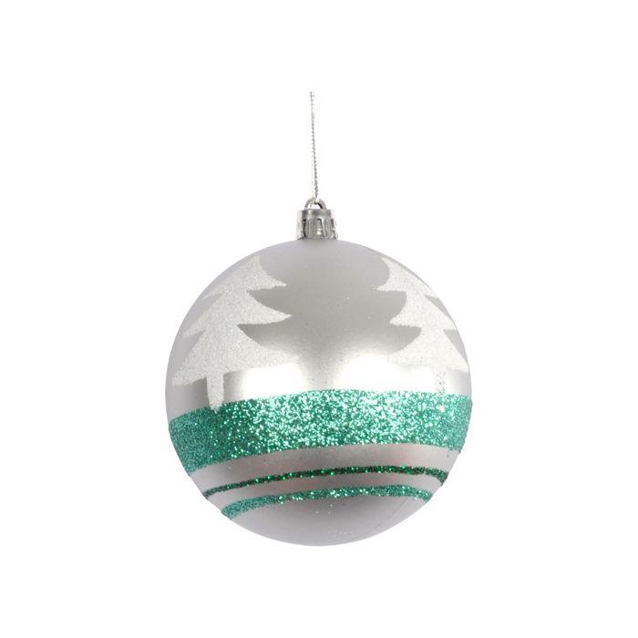 Boule De Noël - Argent Et Vert - 8 Cm - Décor Sapins - Légère Et Facile À Suspendre