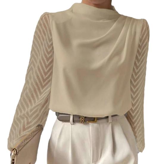 Women Casual Shirt Half High Collar Wave Pattern Chiffon Long Sleeve Pullover Tops Solid Color Loose Fit Blouse Office Elegant Clothing