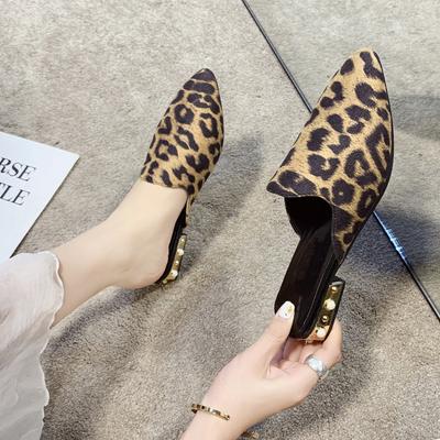 Spring and Summer Plus Size Leopard Print Slippers with Pointed Thick Heels and Semi-slippers Women's Shoes