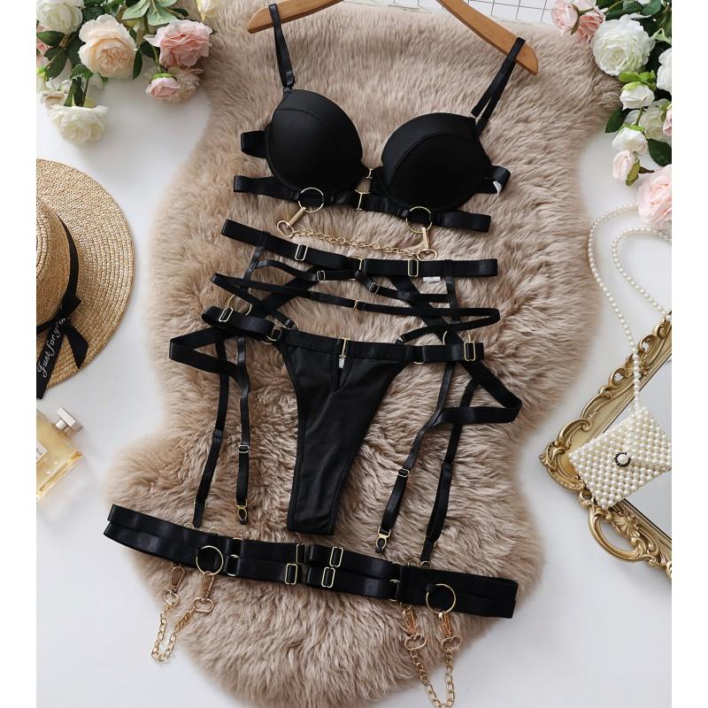 Womens Sexy Lingerie Set With Metal Chain Push Up Bra 3-Piece Intimate Apparel Black White Red S M L