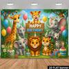 2D Tierpark Geburtstags-Hintergrund für Kinder mit Kuchen, Geschenken und Dschungelbäumen Fotografie-Hintergrund