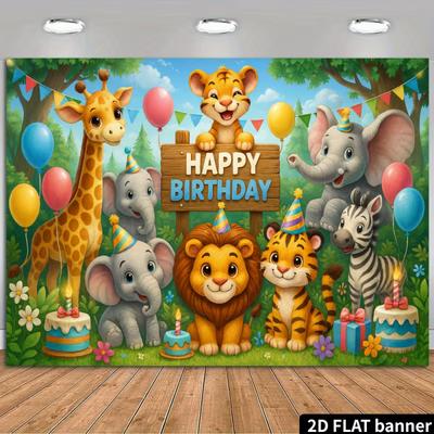 2D Tierpark Geburtstags-Hintergrund für Kinder mit Kuchen, Geschenken und Dschungelbäumen Fotografie-Hintergrund