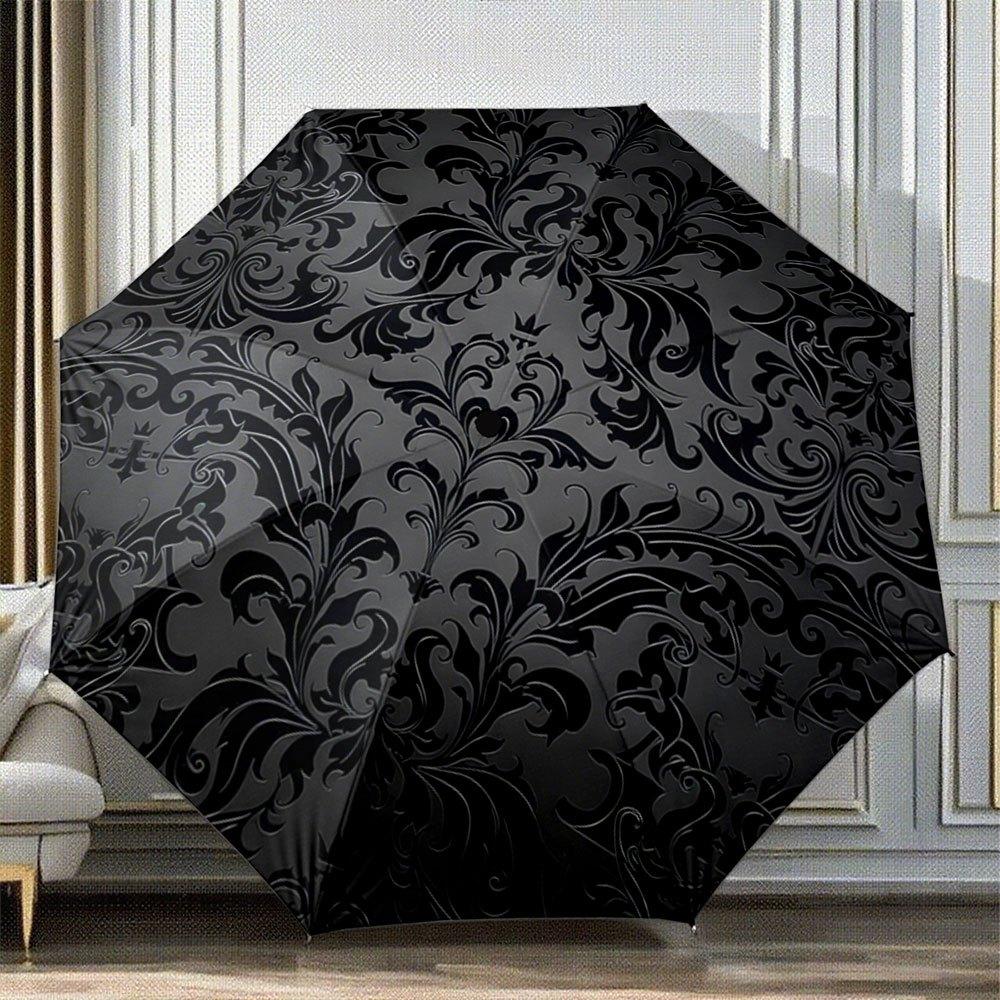 

Automatic Folding Umbrella with Black Damask Floral Pattern - Portable Collapsible Design, 8-Rib Durable Frame, Elegant Outdoo Iron&8K