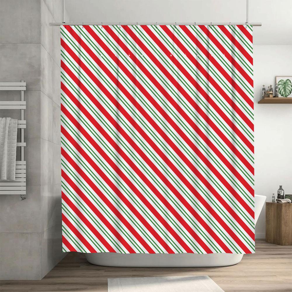 Festive Christmas Stripes: Red, White, And Green Diagonal Pattern Shower Curtain For A Joyful Holiday Bathroom Dcor