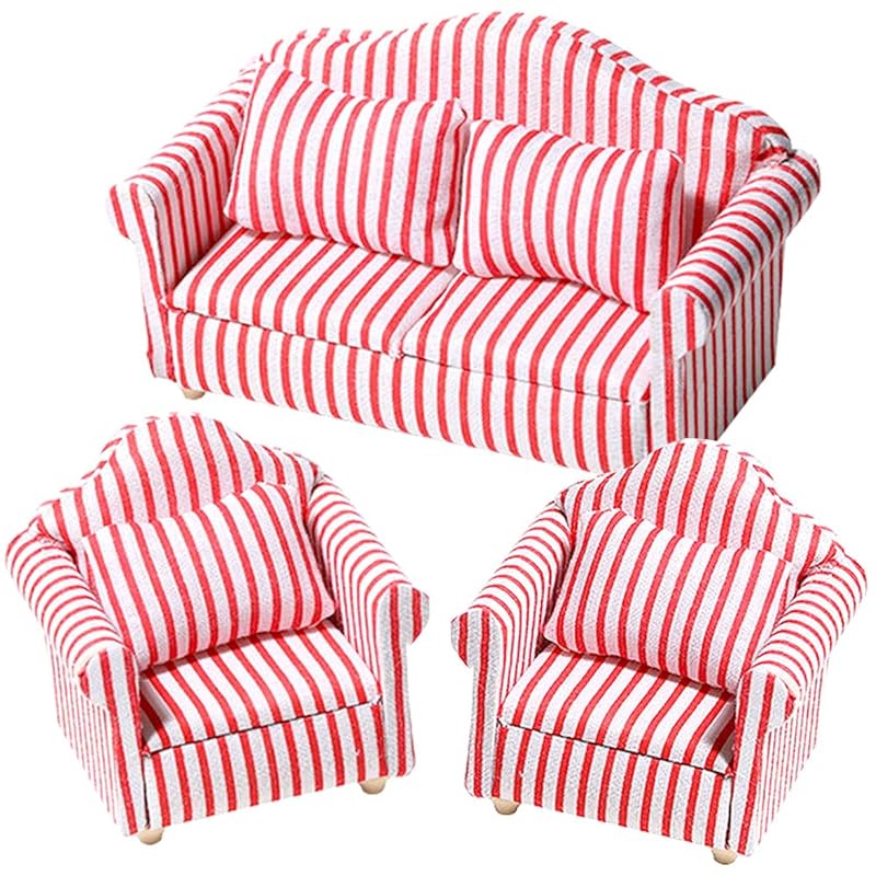 

moin moin 1/12 scale miniature sofa set (3 pieces) - B-grade (some defects) / Dollhouse furniture, two-seater, single seat, cushions, white, red,