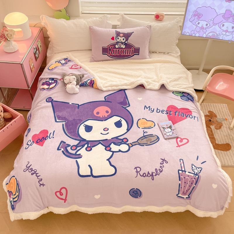 Throw Blanket Hello Kitty Melody Cinnamoroll Large Cartoon Lamb Fleece Double-Layer Thickened Milk Fleece Blanket Plus Velvet