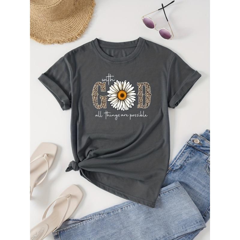 Round Neck Short-sleeved T-shirt with Lettering and Floral Patterns, Suitable for Casual Women's Wear in Spring and Summer