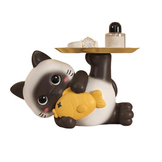 Siamese Cat Statue Candy Bowl Multi-Functional Key Trinkets Jewelry Organizer Dish Holder Home Office Desktop Decoration Ornament