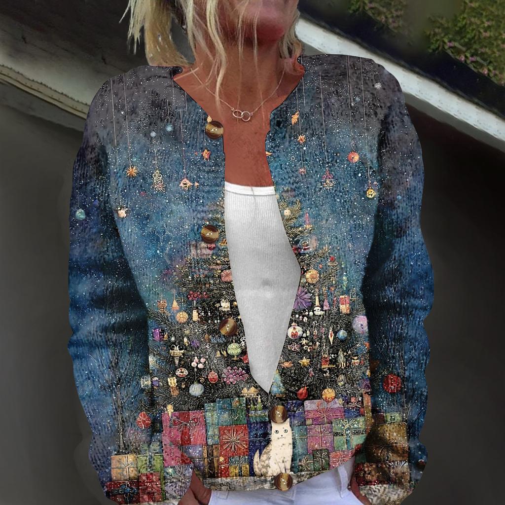 Women's Fashion Christmas Printed Long Sleeve Knitted Cardigan Button Down Jacket