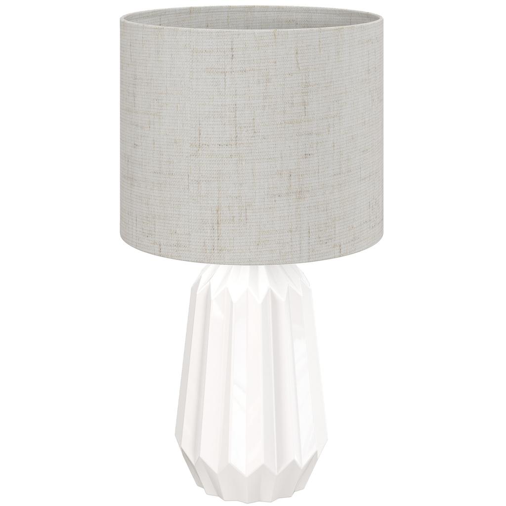 Table Lamp, Ceramic Base, Linen Shade, Switch, E27 Socket, White and Beige