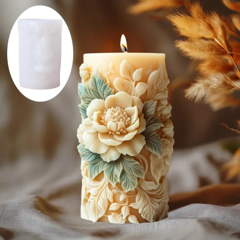 3D Rattan relief cylindrical candle silicone mold blooming peony relief cylindrical candle mould flower cylindrical gypsum molds
