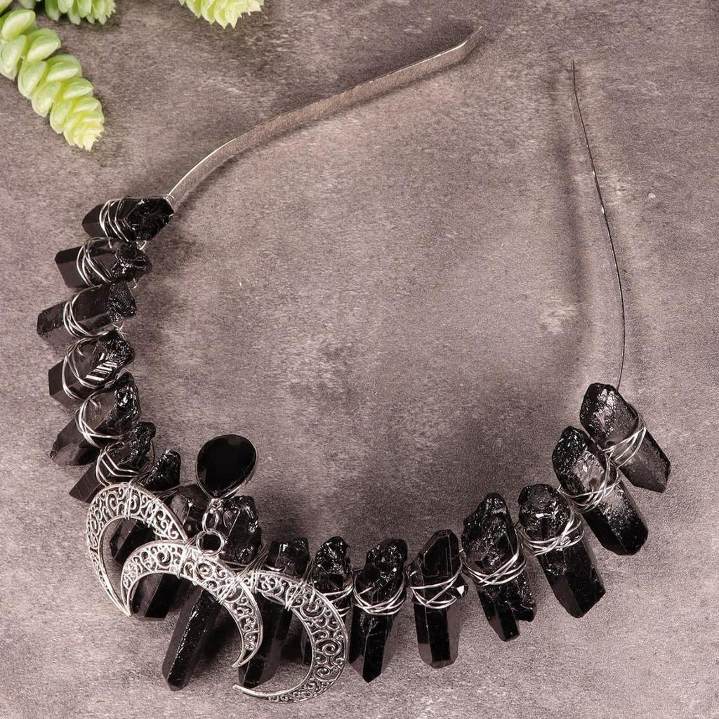Natural Electroplated 3D Black Moon Pendant Witch Halloween Crown Headband