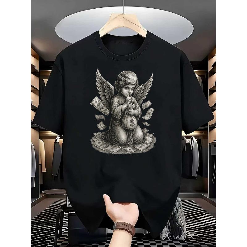 European Sizes Men's Street Style Short-Sleeved Crew Neck T-Shirt with Angel And Money Pattern, Perfect for Summer Outdoor Wear