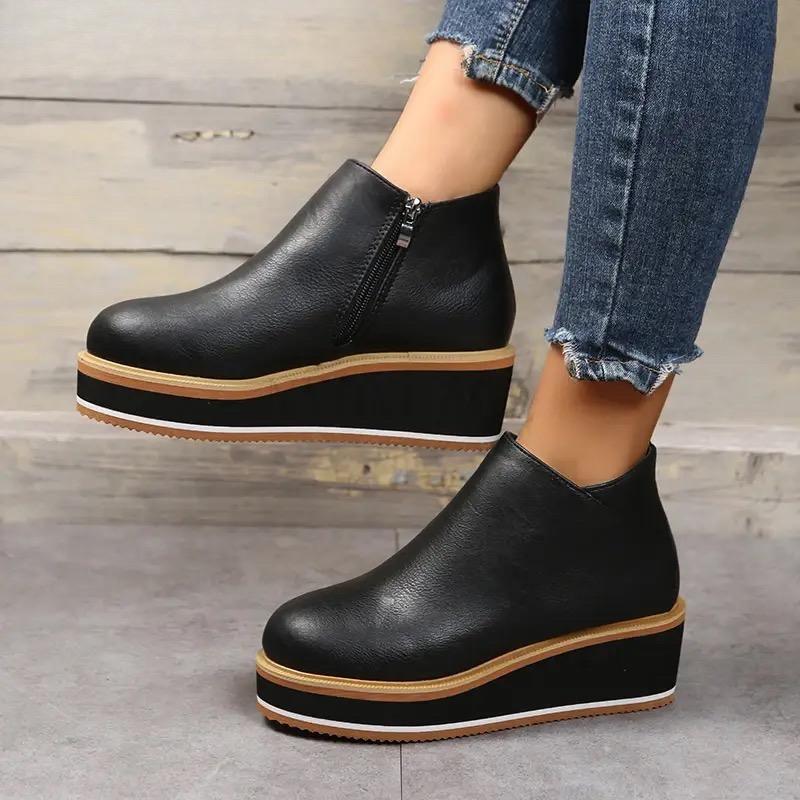 Fashion 2025 New Women's Boots Designer Wedge Platform Boot Fashion Zipper Ankle Boots for Women Pu Leather Casual Boots Botas De Mujer