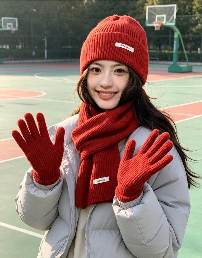 3Pcs Set Winter Hat Scarf Touchscreen Gloves Unisex Knitted Warm Beanie Neck Warmer Gloves Set For Autumn Winter Outdoor Daily Wear