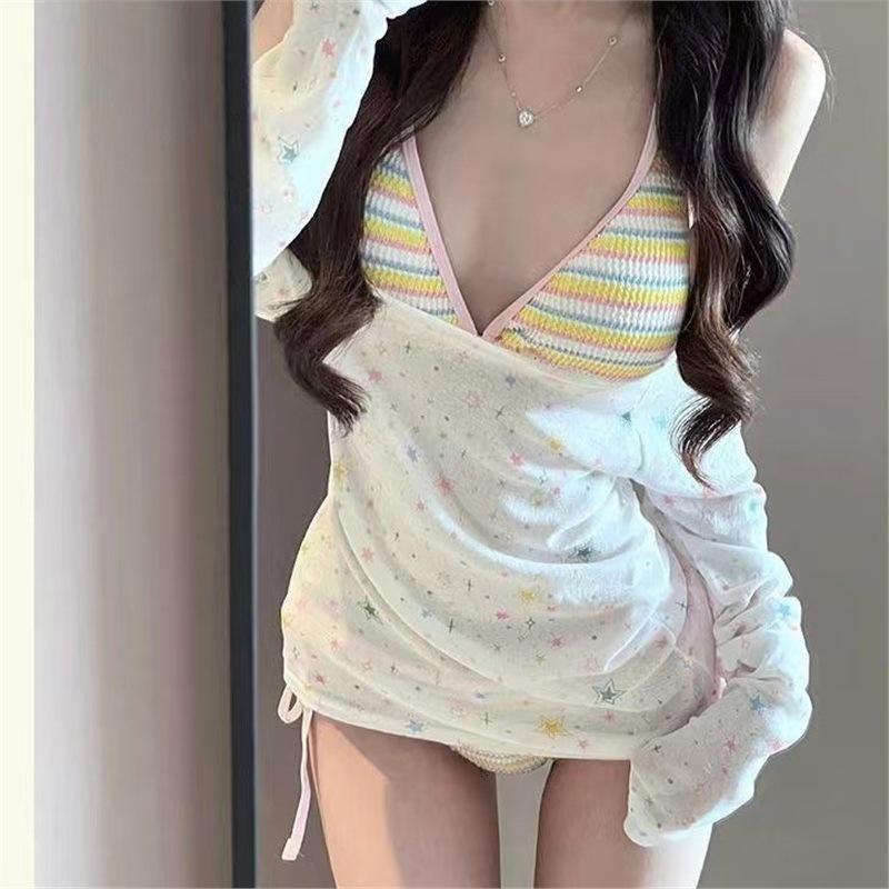Swimsuit Women s pure desire sexy long-sleeved blouse split four-piece bikini babes vacation hot spring swimsuit S