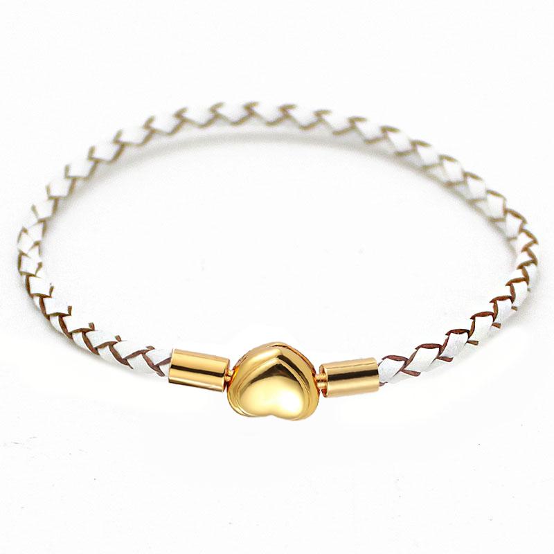 Fashion Women Gold Plated Lover Bracelet Bangle Leather Chain With Love STAINLESS STEEL Clasp Pan Bracelet Bead Charms Bracelet