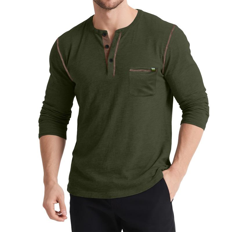 Men's Autumn and Winter Long-sleeved Henley Retro T-shirt Three-button Pocket Top
