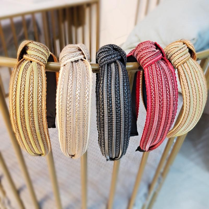 Natürliches Stroh Gewebtes Haarband Breites Design Knoten Verzierungen Bequemes Slip Kopfstück Für Tägliches Styling