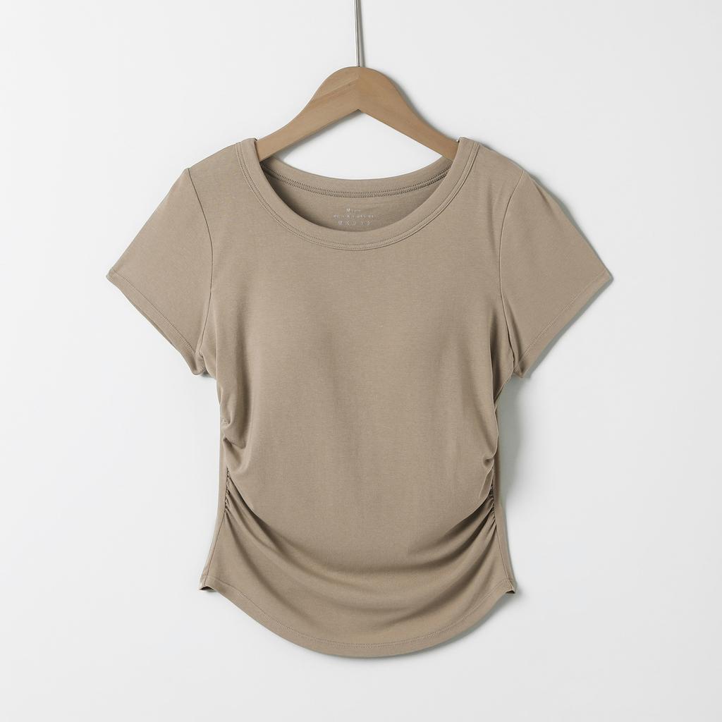 Fashion side pleated swallowtail short sleeve waist-closed round neck short sleeve pure desire short sleeve T-shirt women