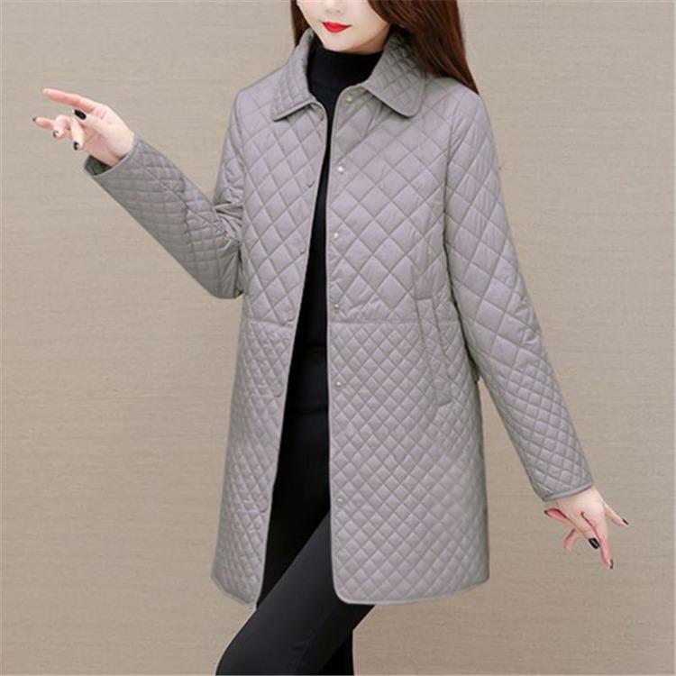Autumn Winter Women Solid Color Diamond Grid Medium Long Thicken Warm Long Sleeve Cotton Jacket