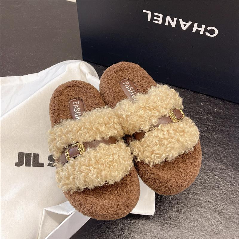 

Стильные тапочки для интернет-знаменитостей, женские, 2025, новые, осенне-зимние, на толстой подошве, увеличивающие рост, из овечьего плюша, хлопковые тапочки 40 хаки
