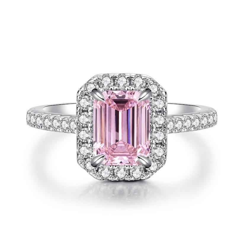 S925 Sterling Silver Pink Square Gemstone Ring for Women - 2 Carat with High-Carbon Cubic Zirconia.