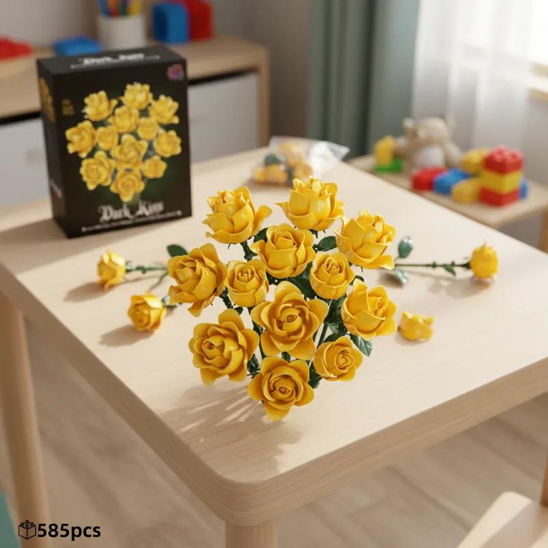 לא רעיל 585 יחידות ורדים כחולים וצהובים קוביות בסגנון לגו זר רב-צבעוני רומנטי מתנת ולנטיין לילדיםחברים קישוט לבית