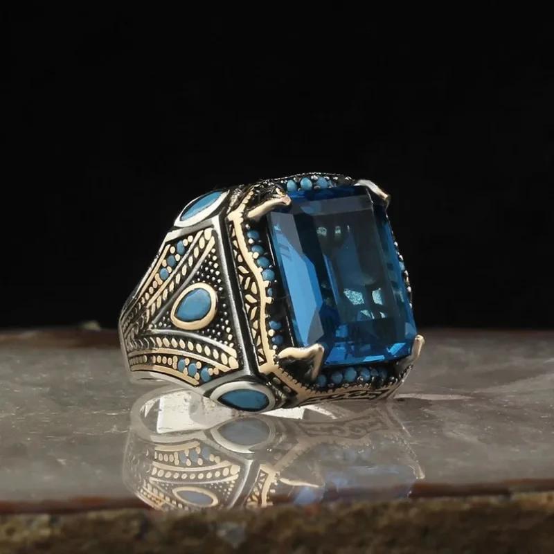 Retro Handmade Turkish Signet Rings For Men Silver Carved Ring Mystic Zircon Inlay Punk Biker Jewelry