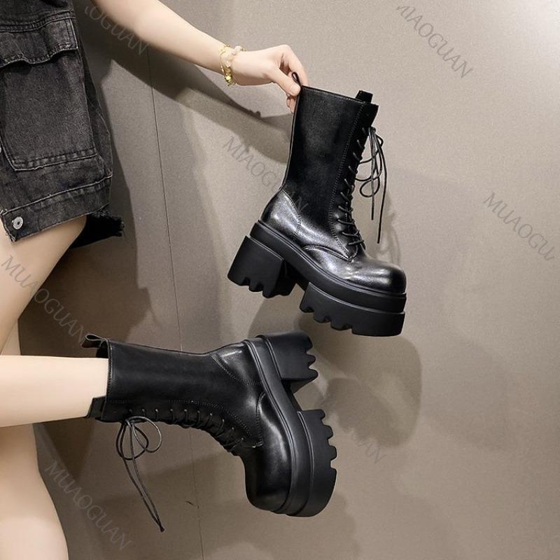 Women's Punk Platform Boots Autumn Spring New Gothic Leather Mid-Calf Boots Lace-Up Chunky High Heel Streetwear Motorcycle Botas