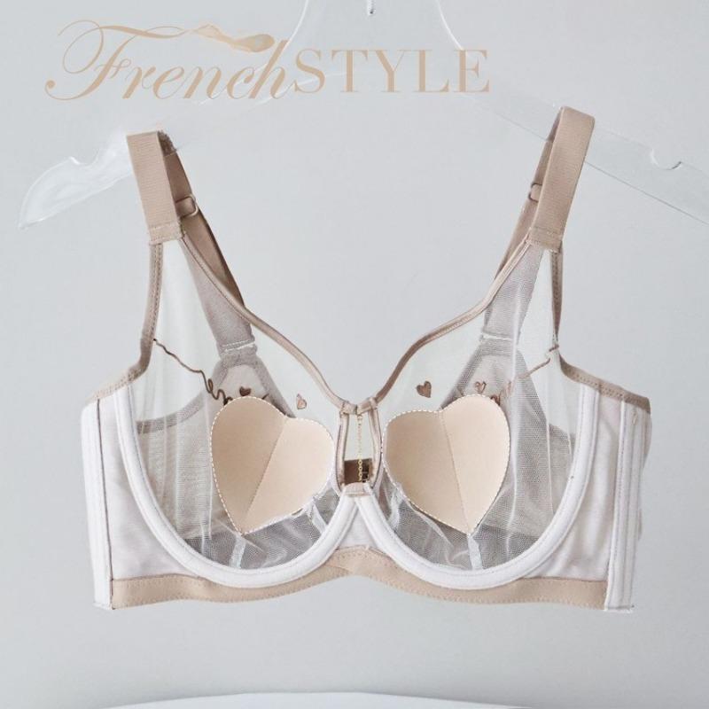 French Letter Embroidery Semi-transparent Mesh Heart Cup Bra Light and Thin Breast-revealing Small Memory Wire Support Bra