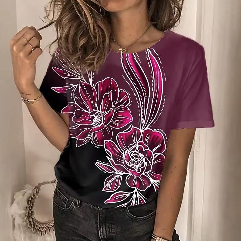 Fashion 3D Flower Print T Shirt Woman Crew Neck Short Sleeve Tops Female Loose T-shirts Oversized Y2k Clothing for Girls Tees
