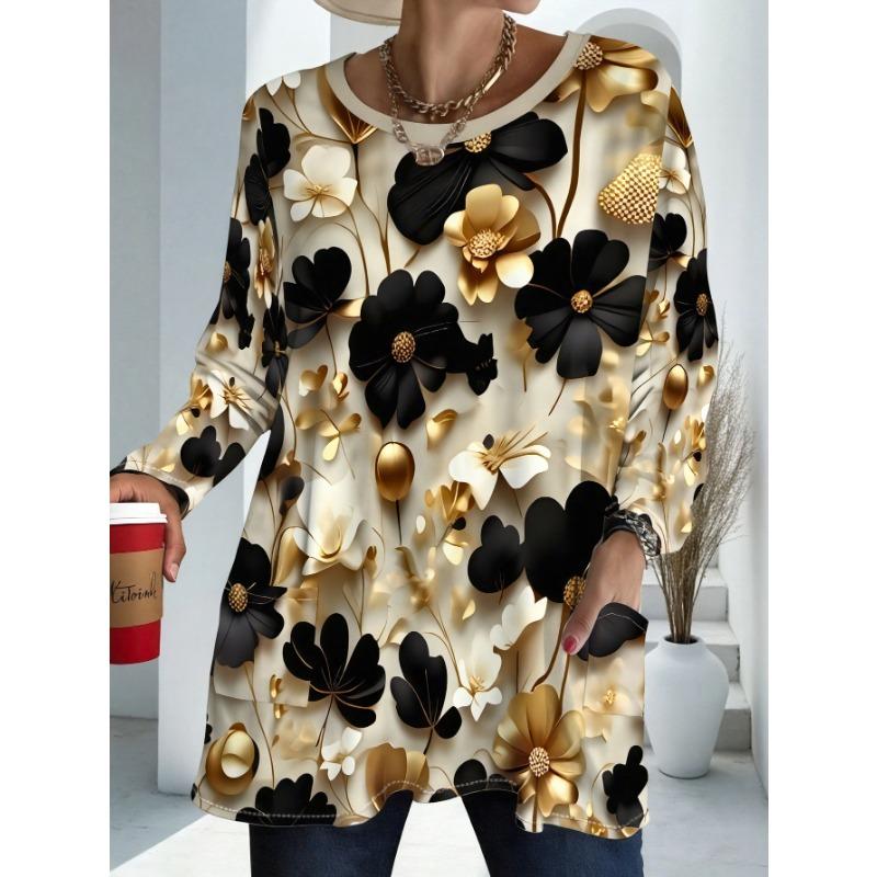 Women's Elegant Printed Long Sleeve Top with Pockets, Fashionable Floral Design, Comfortable and Loose Fit, A Versatile Spring Essential