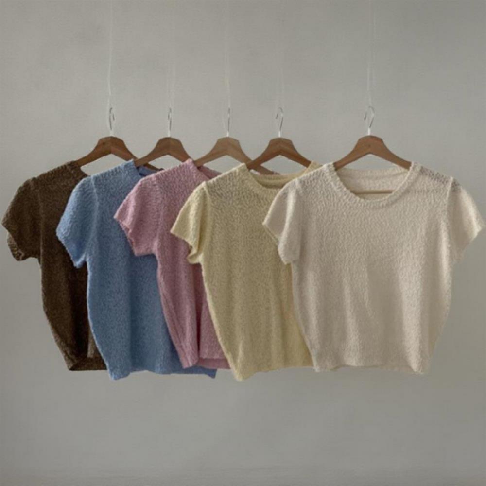 New Arrivals Open Run Women Sheer Pastel Round Neck Summer Short Sleeve Knit