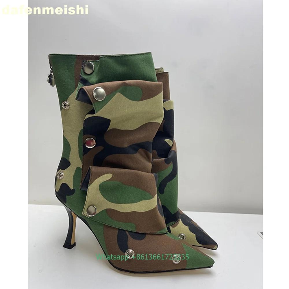 Metal Rivet Buckle Pleated Women Boots 2025 Winter Pointed Toe Thin Heels Short Boots Solid Color Back Zipper Leather Boots