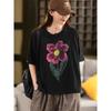 DIMANAF 2025 Summer Cotton T-shirt Women Flower Printing Short Sleeve Loose Green Blue T-shirt
